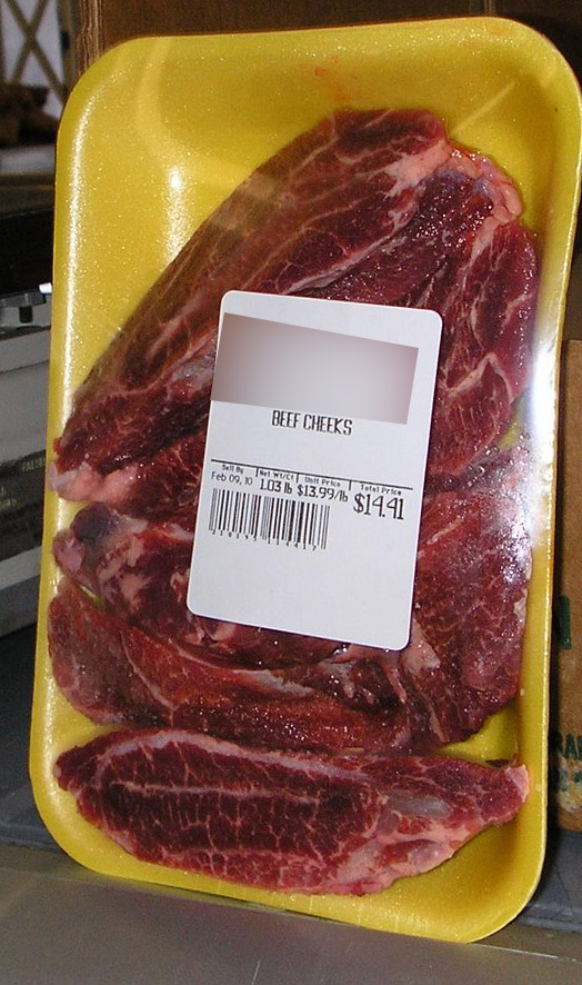 Retail package of beef cheek meat