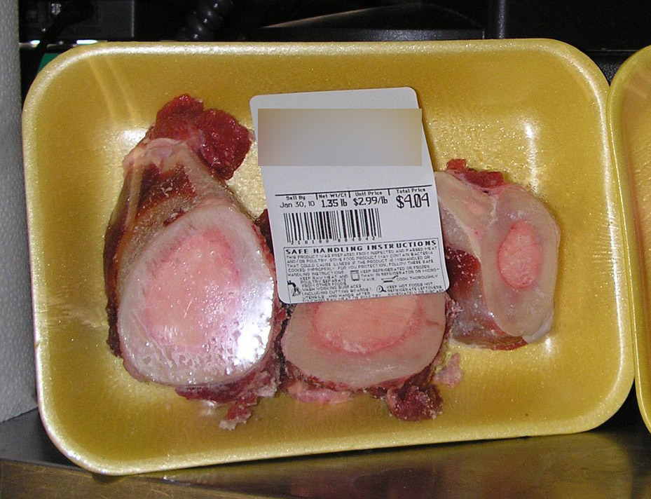 Sliced bones from the beef foreleg packaged for retail sale