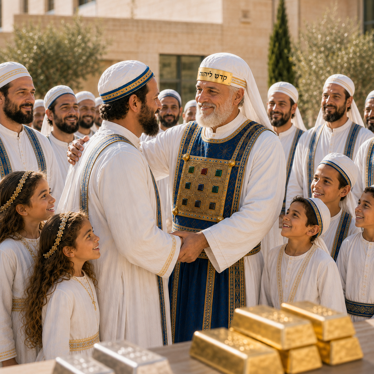 Artistic depiction of the sons of Levi being refined like gold and silver and the clarification of Kohen lineage inspired by Malachi and Ezra