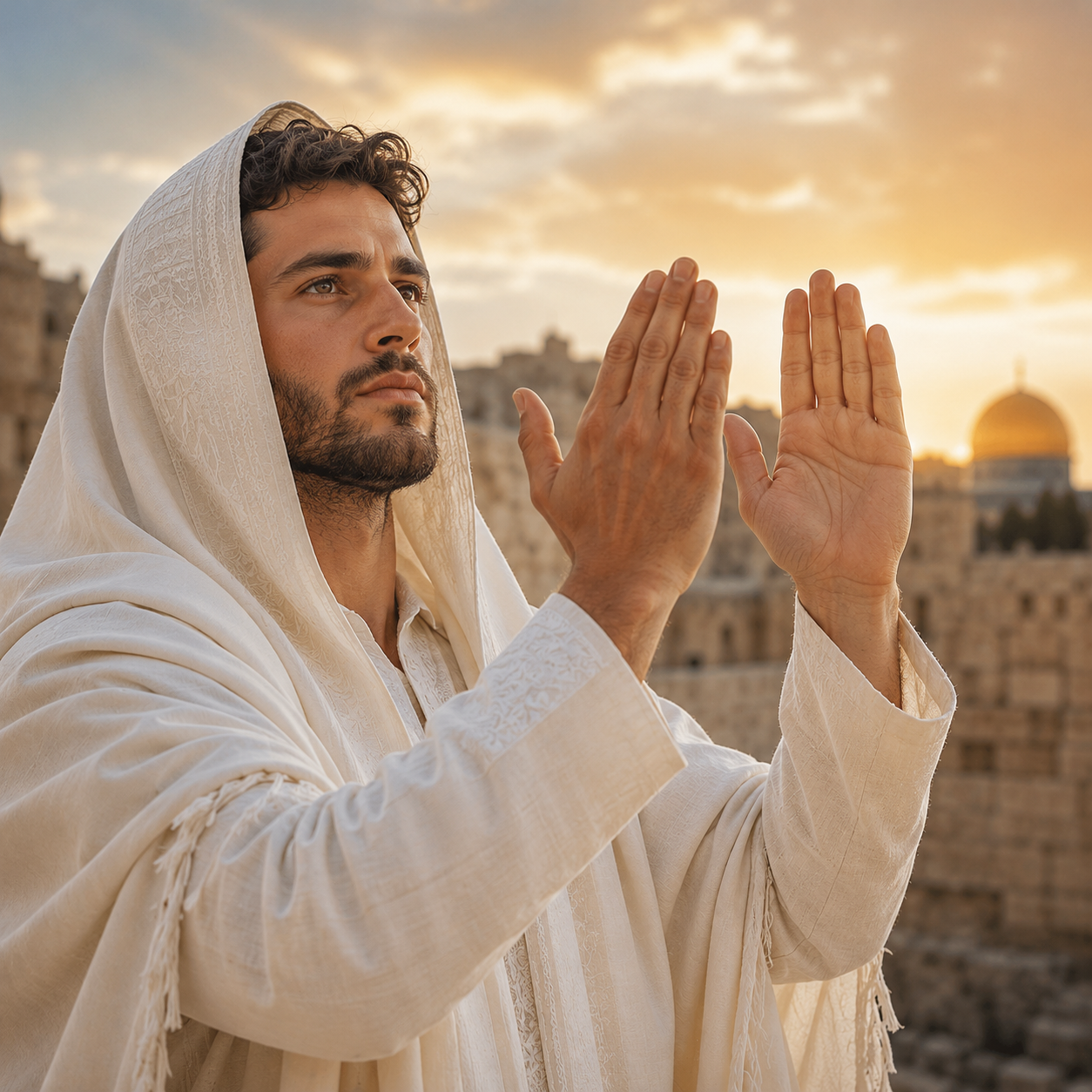 A Kohen raising his hands in the traditional priestly blessing
