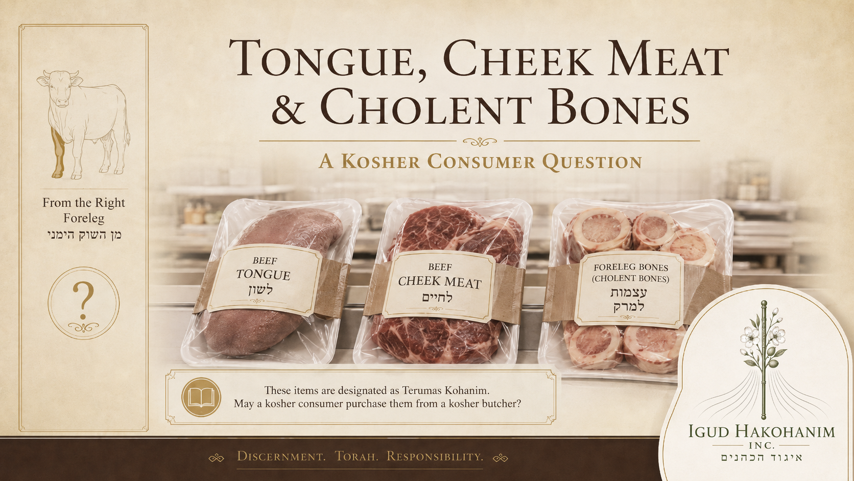 Igud HaKohanim guide to tongue, cheek meat and right-foreleg cholent bones at a kosher butcher