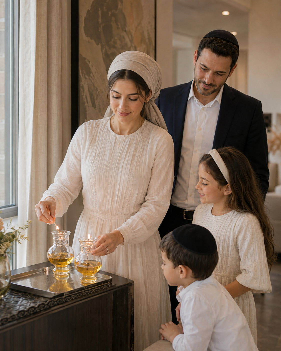 Wife of a Kohen lighting Shabbat olive-oil lamps with her family