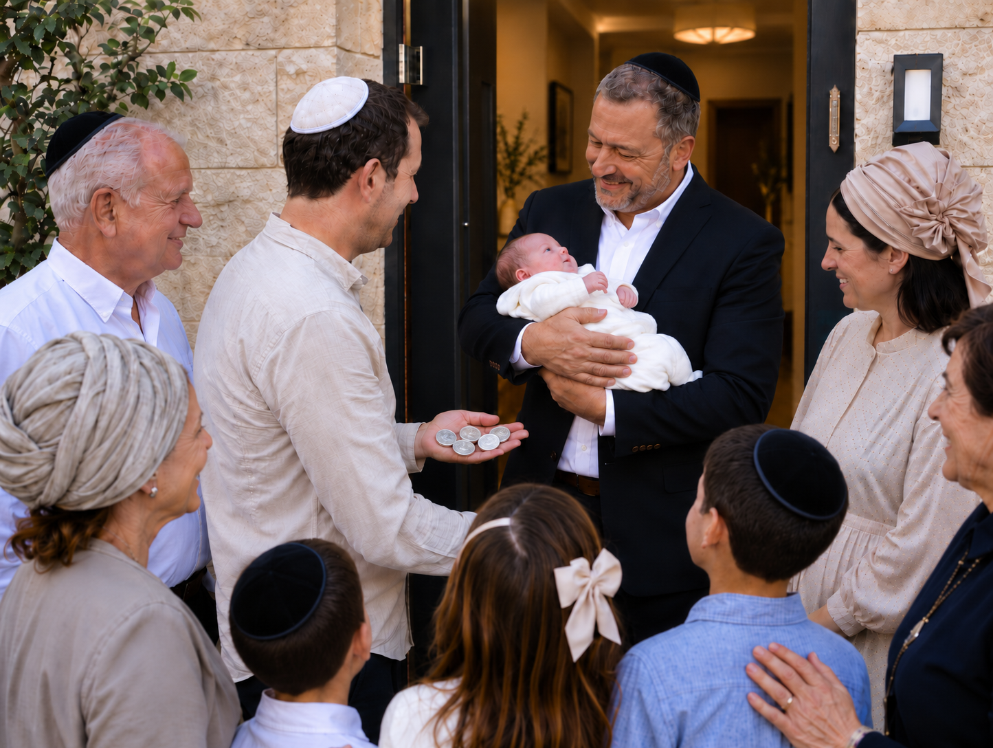 A Kohen holding a firstborn son of Israel while the father presents five silver coins for Pidyon HaBen