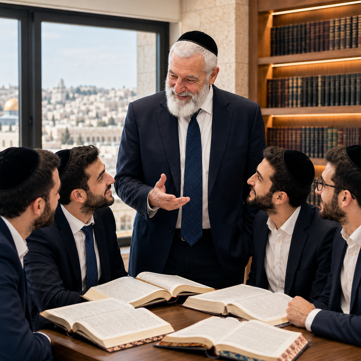 Kohanim studying Torah together in a modern Jerusalem setting, led by an older Kohen