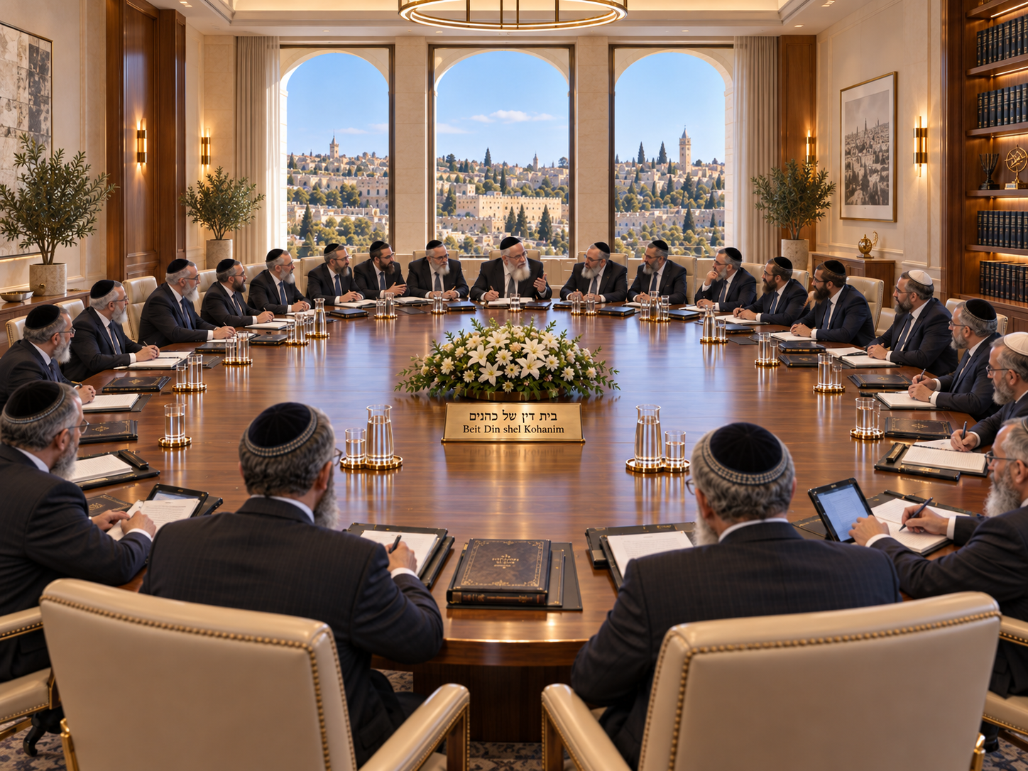 Artistic depiction of twenty-three Kohanim convening in Jerusalem as a Beth Din shel Kohanim