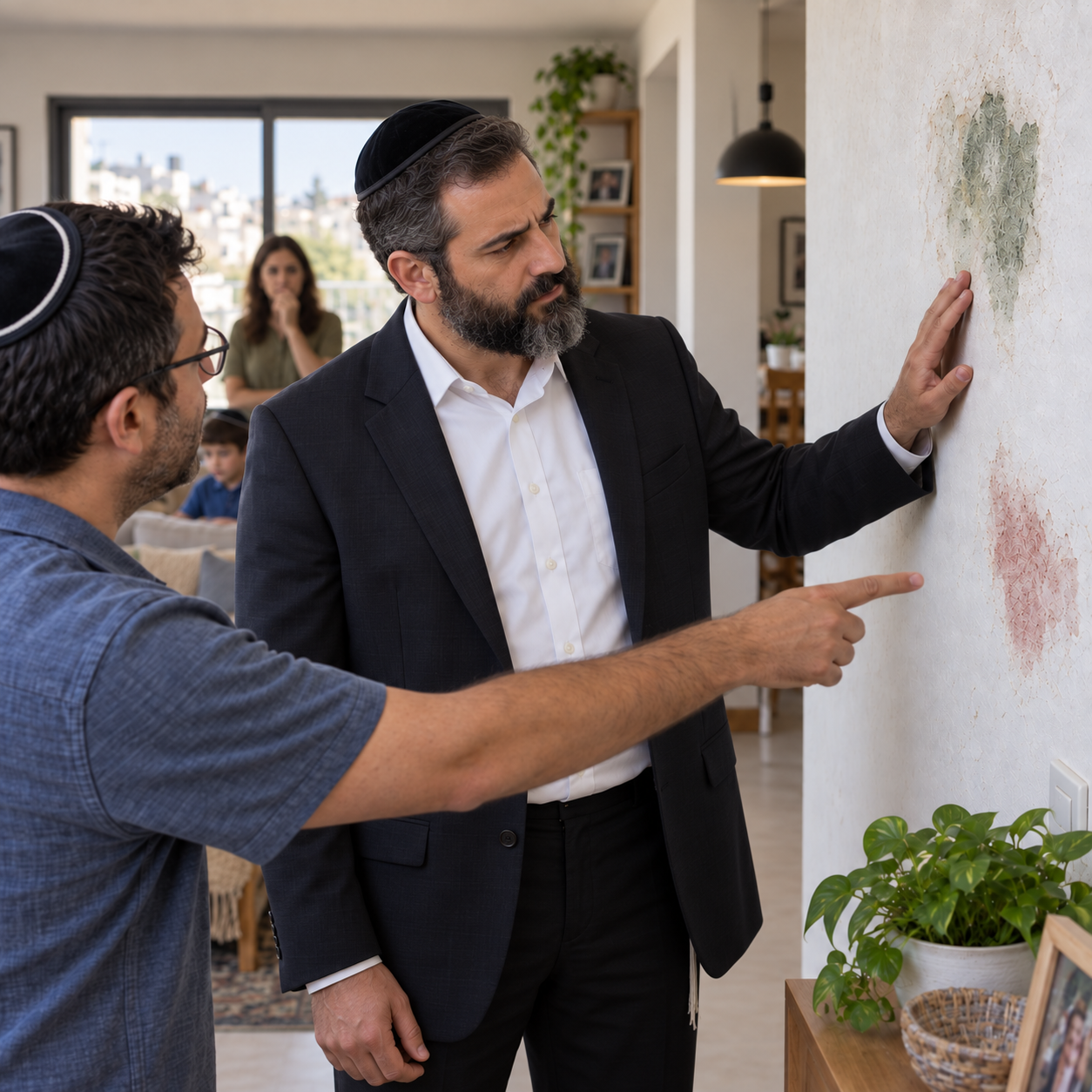 A Kohen examining unusual greenish and reddish appearances on the wall of a modern home