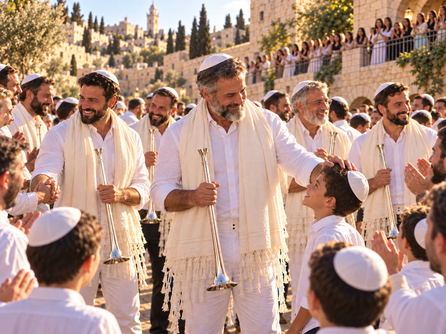 Kohanim with silver trumpets after a communal prayer gathering in Jerusalem