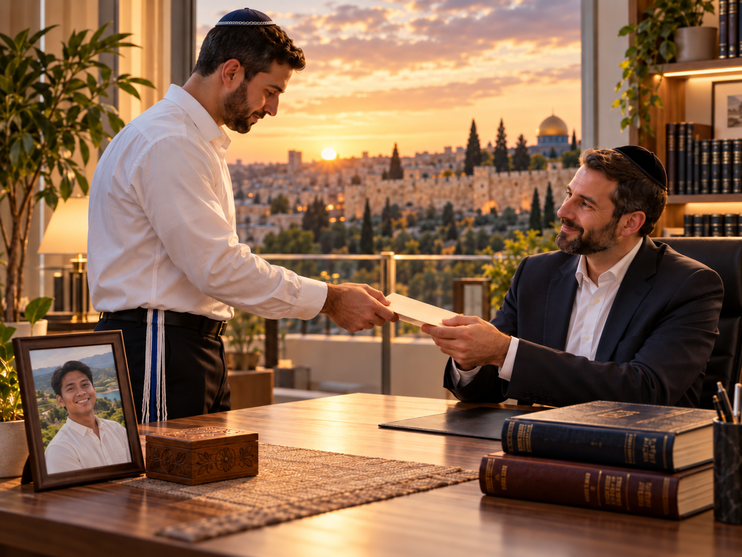 Illustrative scene of a man handing an envelope to a Kohen in a Jerusalem study, with religious books on the desk.