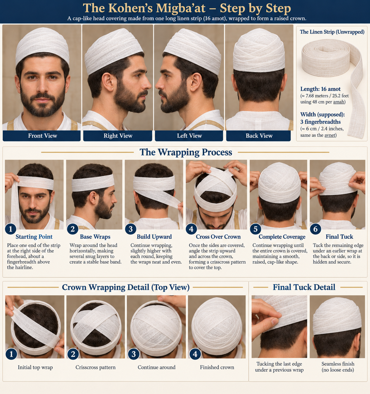 Visual guide showing a possible reconstruction of wrapping the Kohen's migba'at from a long white linen strip