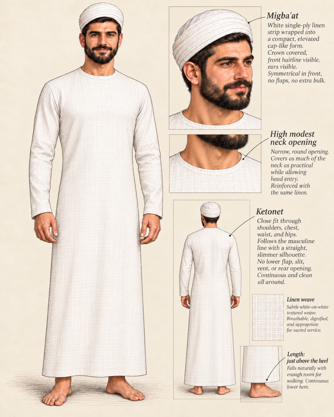 Visual reconstruction of the Kohen's white linen ketonet showing its high modest neck opening, fitted masculine silhouette, woven texture and full length