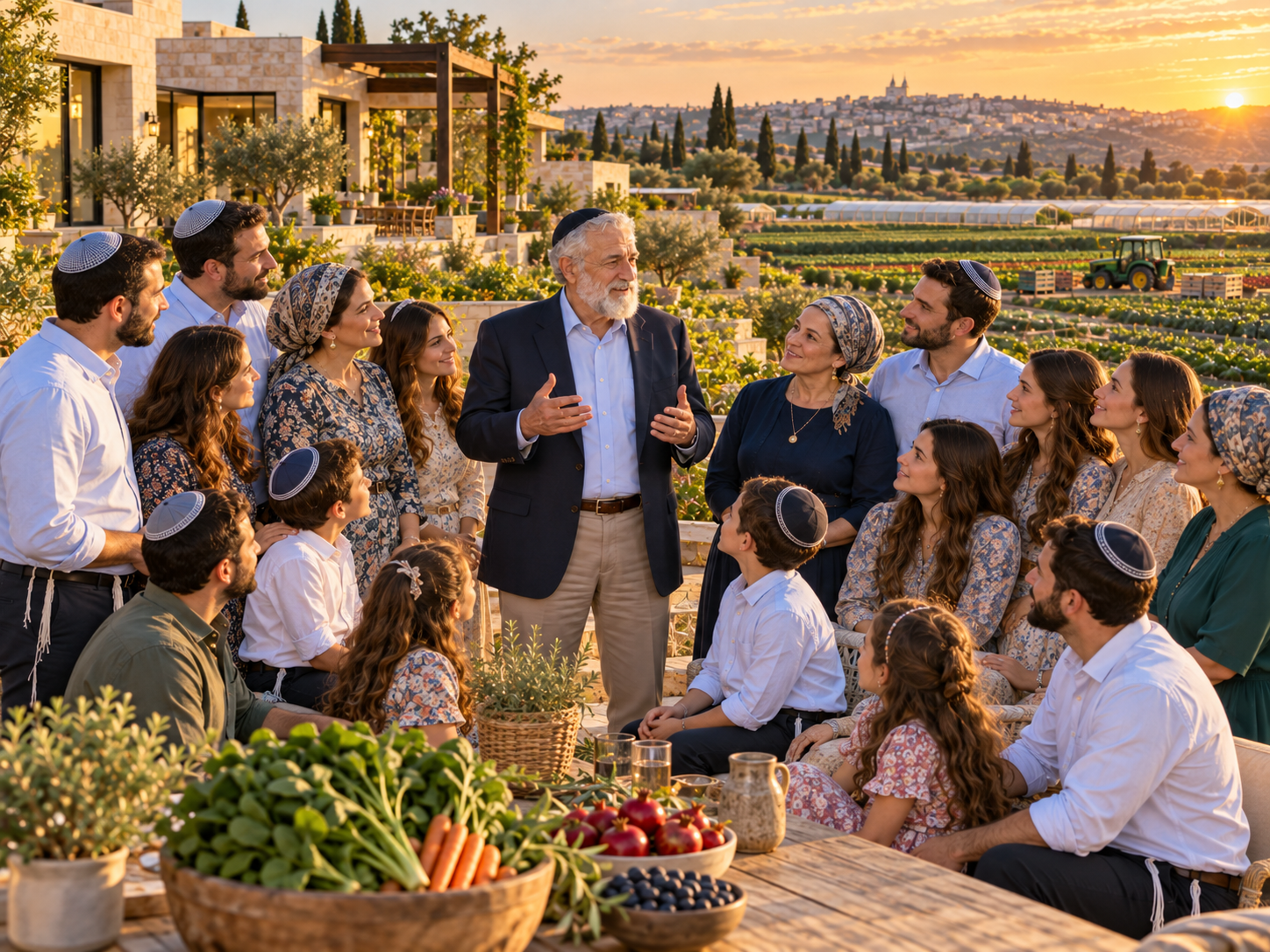 Illustration of an older Jewish landowner sharing his vision with his extended family on a modern Israeli agricultural estate.